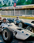 Vintage racing scene with cars and people on a track, featuring Pepsi-Cola and Weber Motor Oil branding.