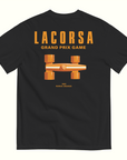 Black tee shirt with Papaya Lacorsa Logotype and Race Car on a white background