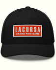 Black Trucker Hat with Red Embroidered Lacorsa Grand Prix Game Patch Logo - Front View
