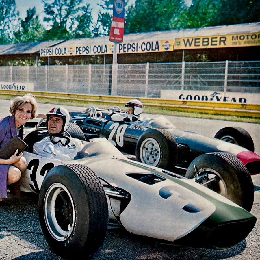 Vintage racing scene with cars and people on a track, featuring Pepsi-Cola and Weber Motor Oil branding.