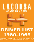 Lacorsa Grand Prix Game driver list expansion for 1960-1969 seasons on an orange background