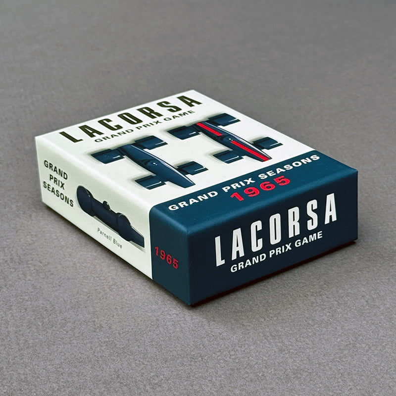 Blue and off white race car set box for Parnell Blue with 'Grand Prix Seasons 1965' text