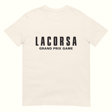 Off White t-shirt with 'LACORSA GRAND PRIX GAME' logo on a white background