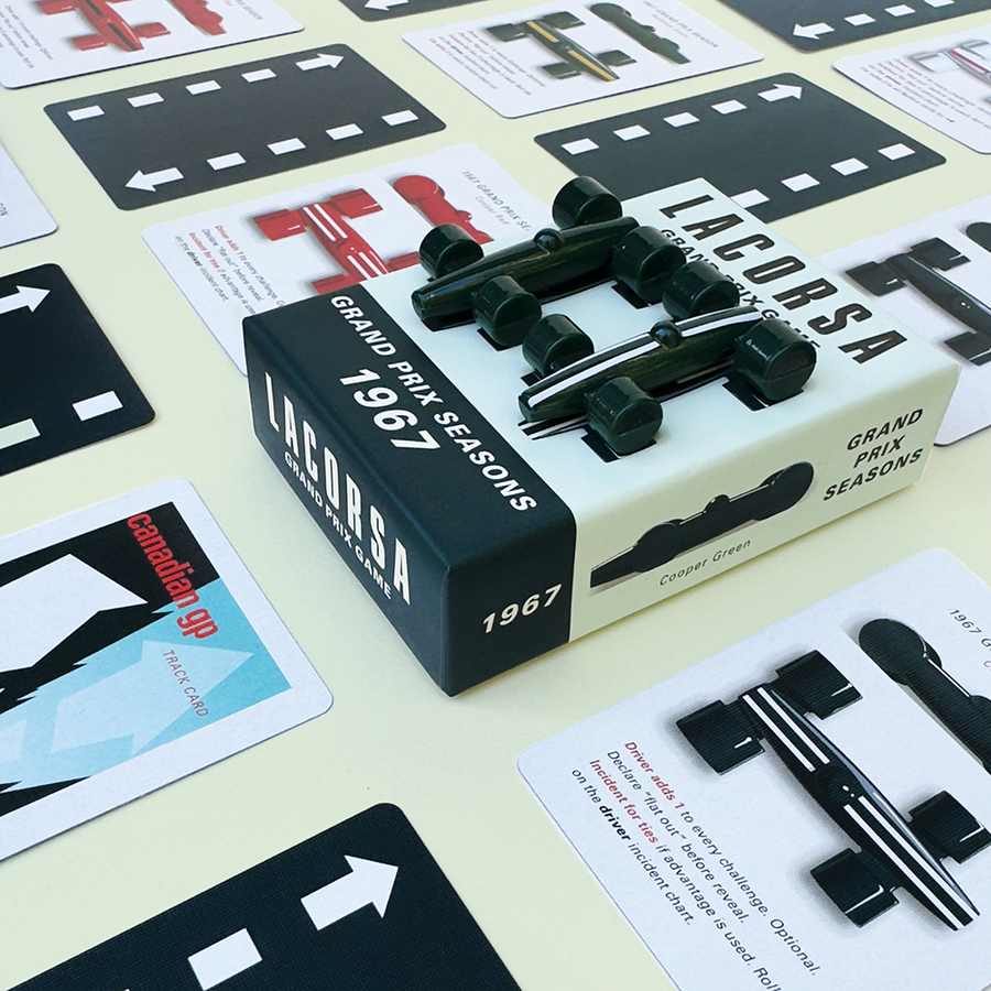 Lacorsa Grand Prix Seasons 1967 model car set with packaging on a light surface with cards.