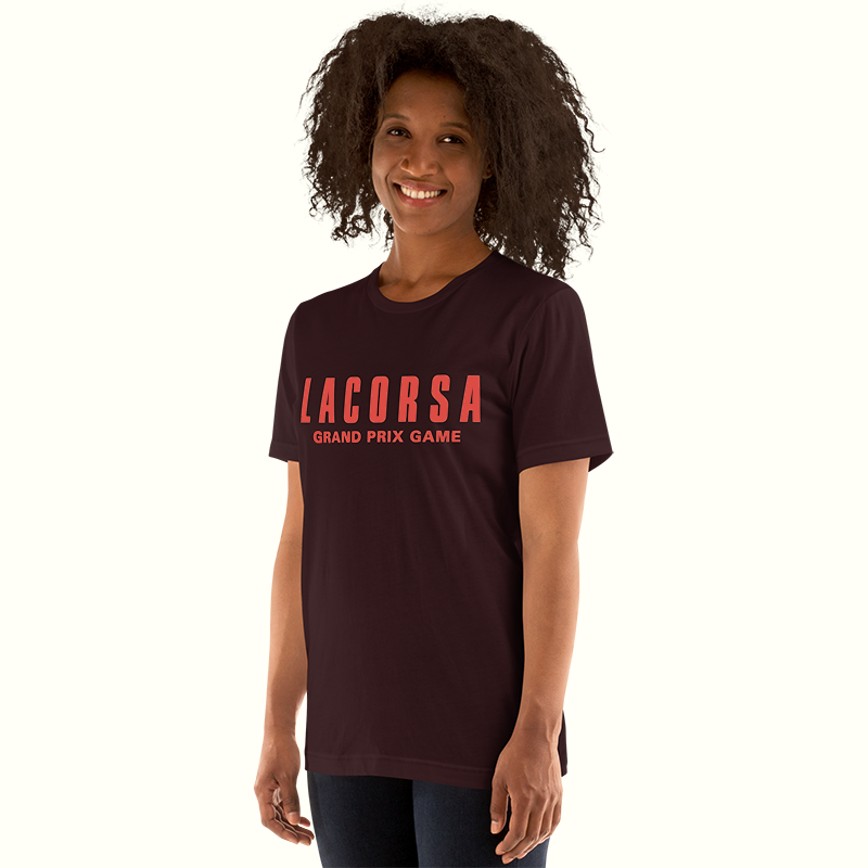 Woman wearing an Oxblood Black Tee with Red Lacorsa Logo
