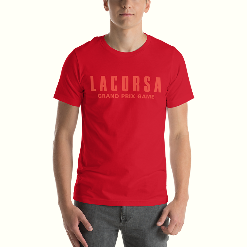 Person wearing Lacorsa Red Logo on Red Tee