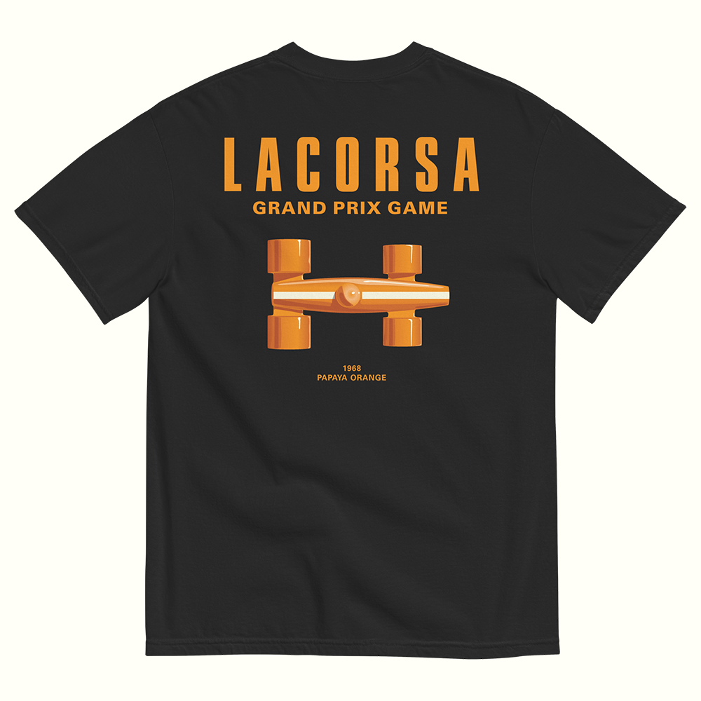 Black tee shirt with Papaya Lacorsa Logotype and Race Car on a white background