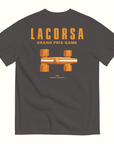 Graphite tee shirt with Papaya Lacorsa Logotype and Race Car on a white background