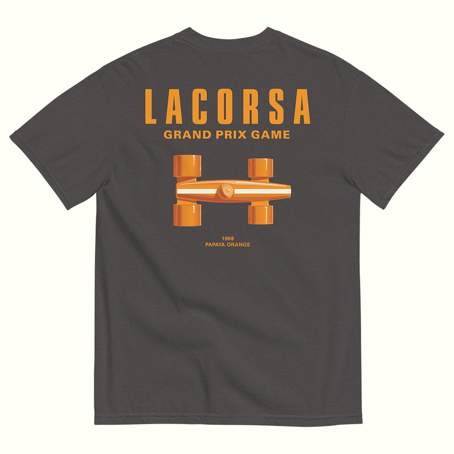 Graphite tee shirt with Papaya Lacorsa Logotype and Race Car on a white background