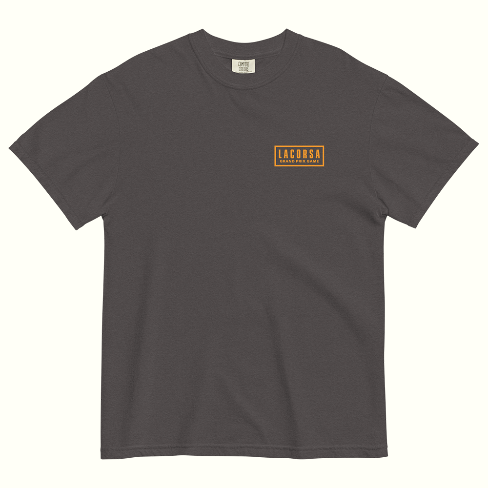 Graphite tee shirt with Papaya Lacorsa Logotype on a white background