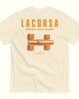 Ivory Tee shirt with Lacorsa Logotype and Papaya Race Car on a White Background