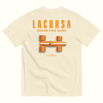 Ivory Tee shirt with Lacorsa Logotype and Papaya Race Car on a White Background