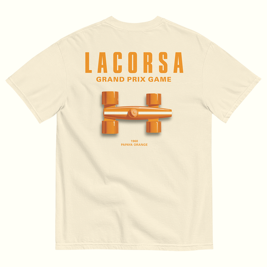 Ivory Tee shirt with Lacorsa Logotype and Papaya Race Car on a White Background