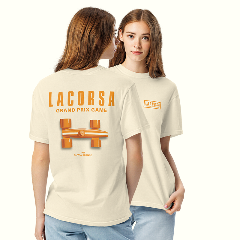 Front and back of a woman wearing cream t-shirt with 'Lacorsa Grand Prix Game' design with Orange top view Lacorsa car graphic