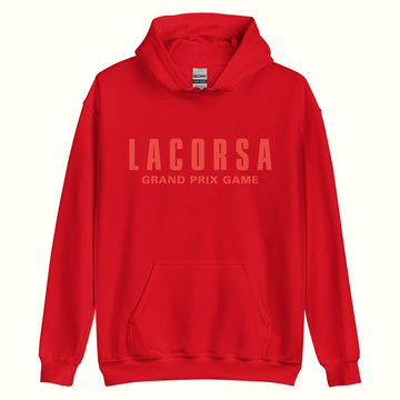 Red hoodie with Red 'LACORSA GRAND PRIX GAME' text on a white background