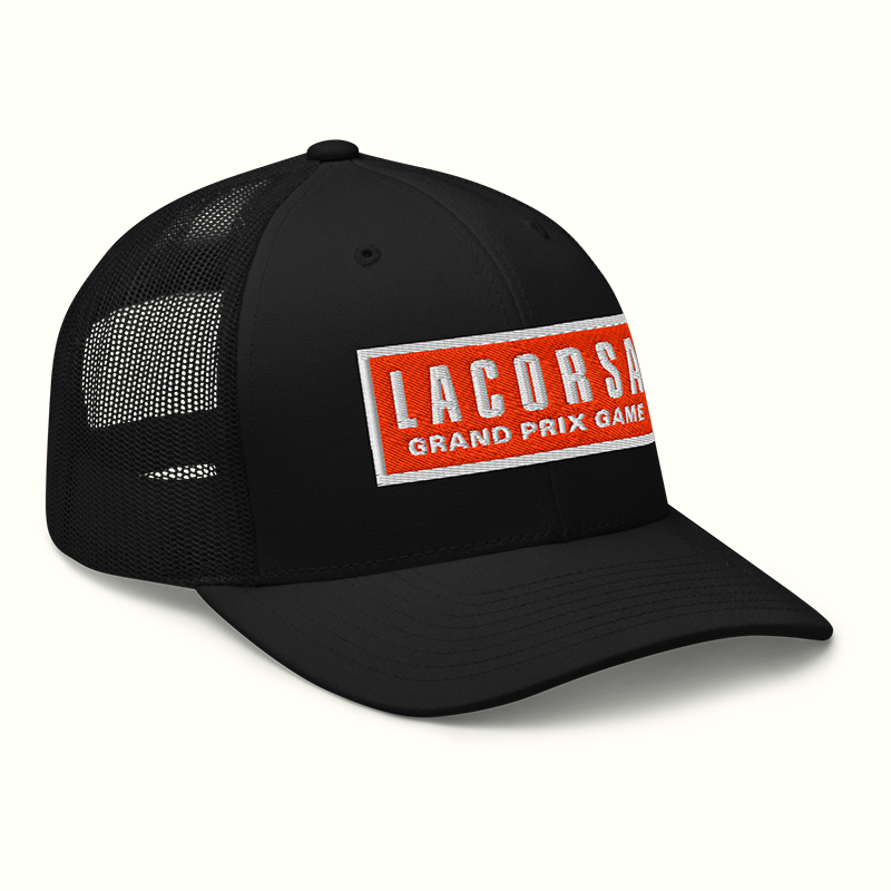 Black Trucker Hat with Red Embroidered Lacorsa Grand Prix Game Patch Logo