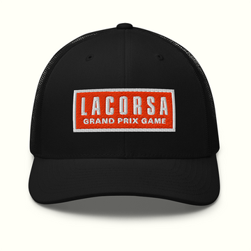 Black Trucker Hat with Red Embroidered Lacorsa Grand Prix Game Patch Logo - Front View