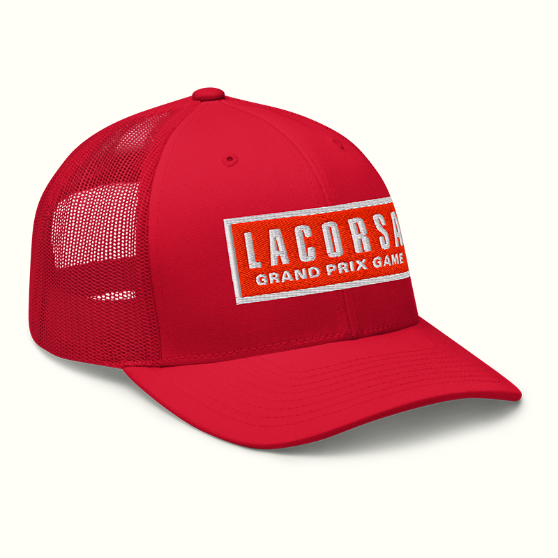Red Trucker Hat with Red Embroidered Lacorsa Grand Prix Game Patch Logo