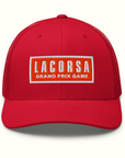 Red Trucker Hat with Red Embroidered Lacorsa Grand Prix Game Patch Logo - Front View