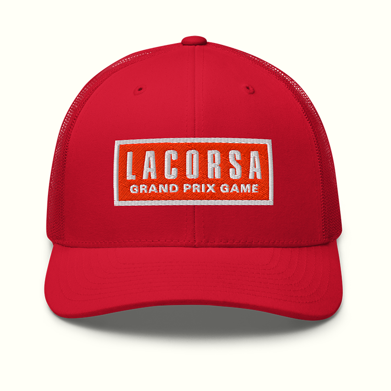 Red Trucker Hat with Red Embroidered Lacorsa Grand Prix Game Patch Logo - Front View