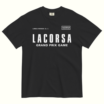 Black t-shirt with 'Lacorsa Grand Prix Game' white logotype on a white background