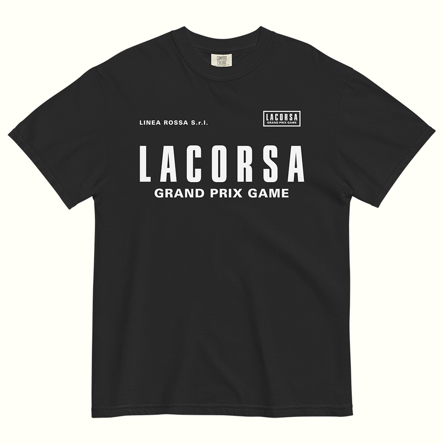 Black t-shirt with 'Lacorsa Grand Prix Game' white logotype on a white background