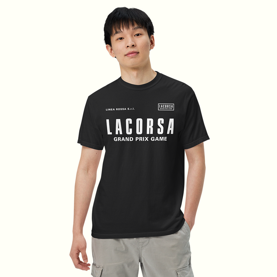 Person wearing a black t-shirt with 'Lacorsa Grand Prix Game' white logotype on a white background
