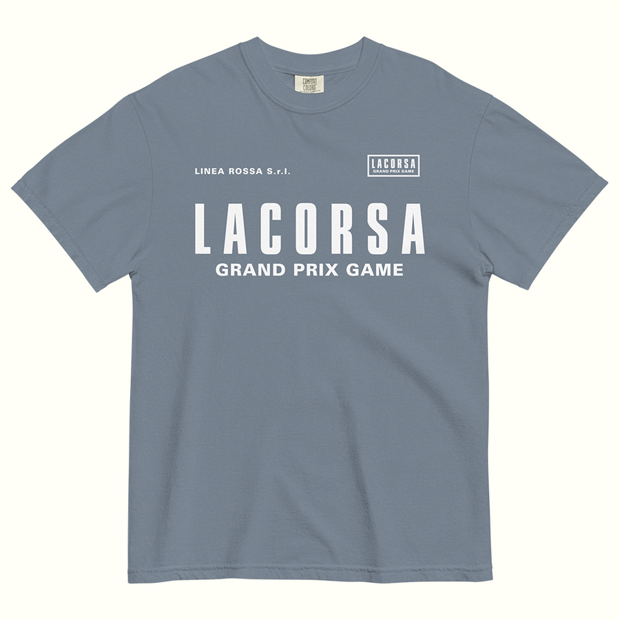 Blue Gray t-shirt with white 'Lacorsa Grand Prix Game' logotype on a white background