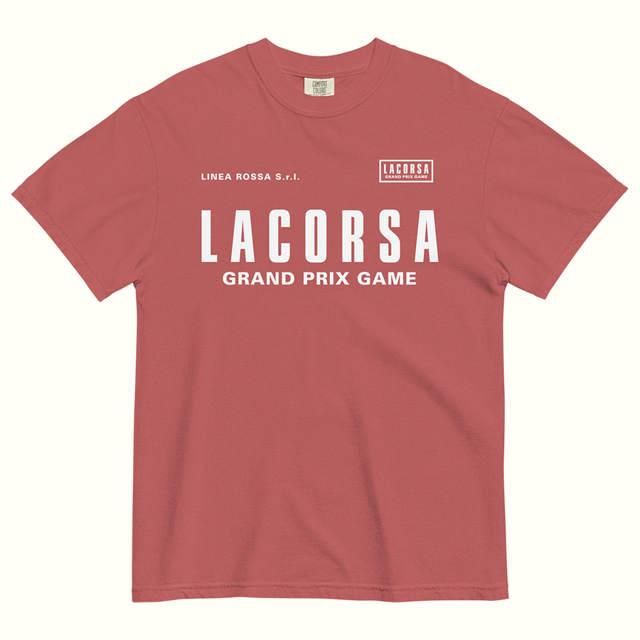 Distressed Red t-shirt with white  'Lacorsa Grand Prix Game' logotype on a white background