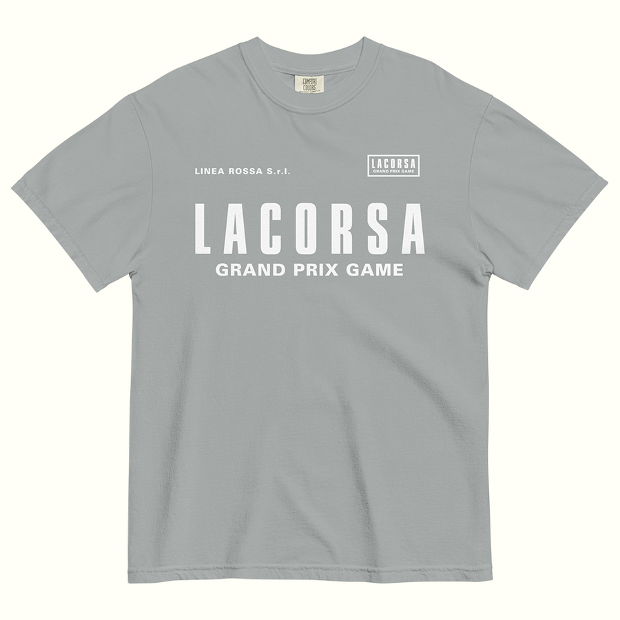 Gray t-shirt with white 'Lacorsa Grand Prix Game' text on a white background