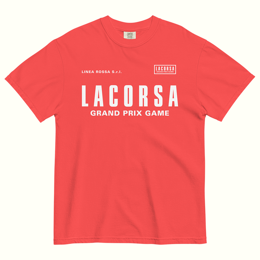 Bright Red/Pink t-shirt with 'Lacorsa Grand Prix Game' white logotype on a white background