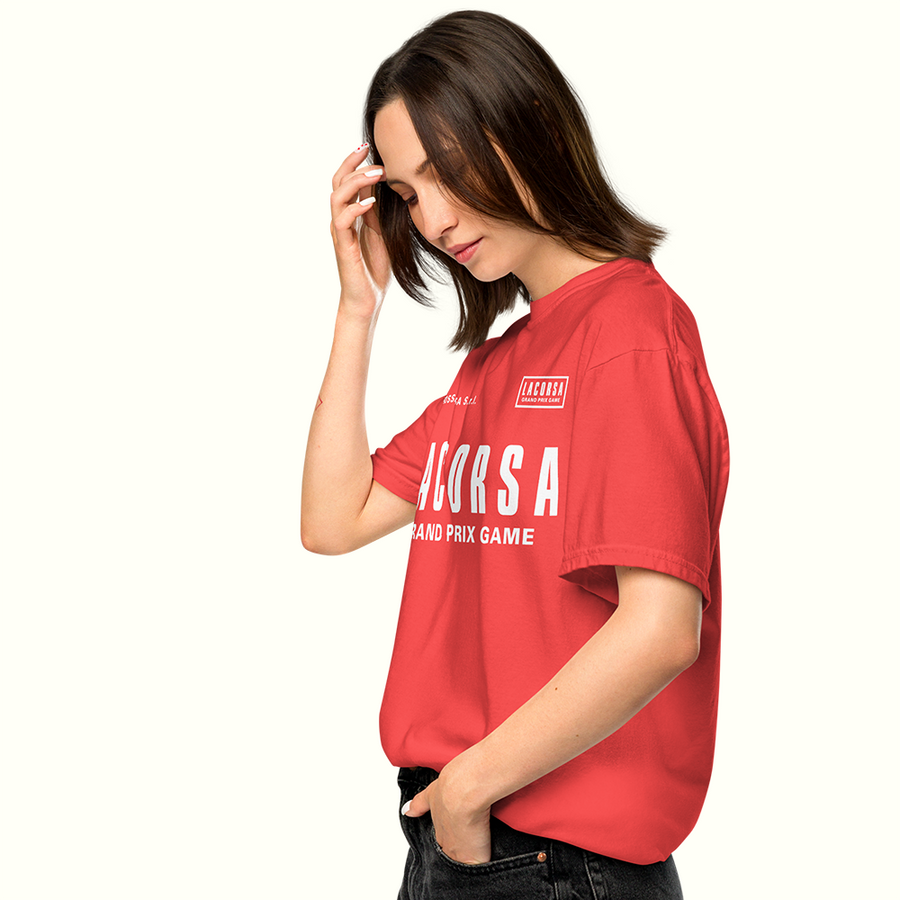 Woman wearing a Bright Red/Pink t-shirt with 'Lacorsa Grand Prix Game' white logotype on a white background