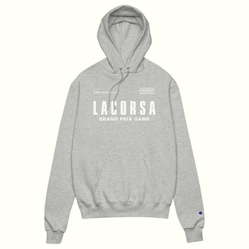Gray hoodie with 'Lacorsa Grand Prix Game' text on a white background