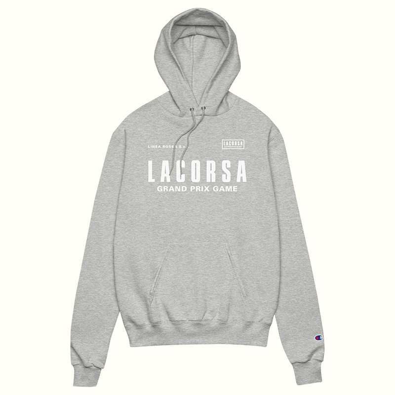Gray hoodie with 'Lacorsa Grand Prix Game' text on a white background
