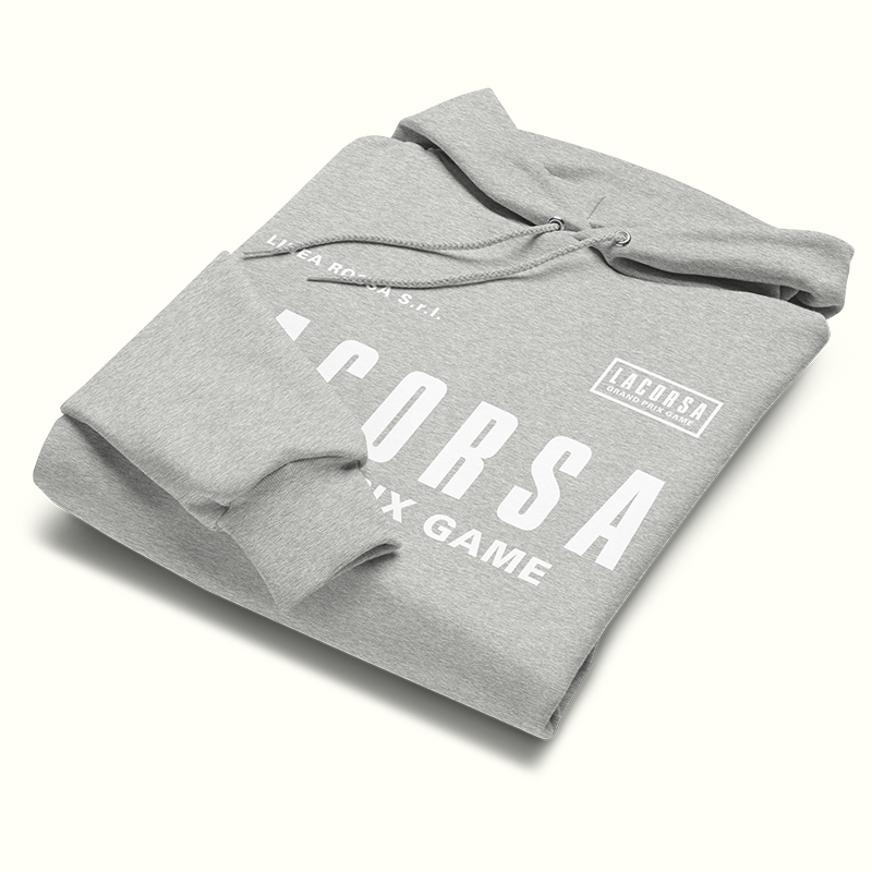 Folded gray hoodie with white text on a white background
