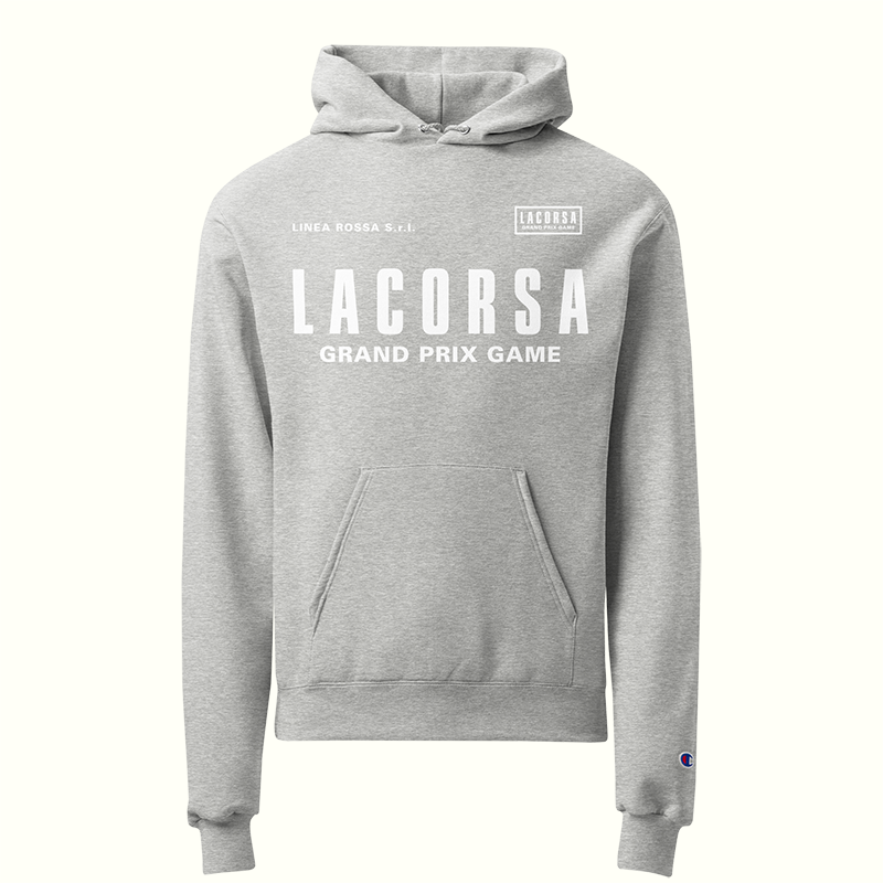 Gray hoodie with 'Lacorsa Grand Prix Game' text on a white background