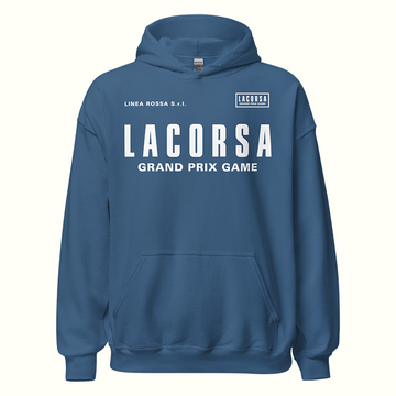 Pale Blue hoodie with 'Lacorsa Grand Prix Game' text on a white background
