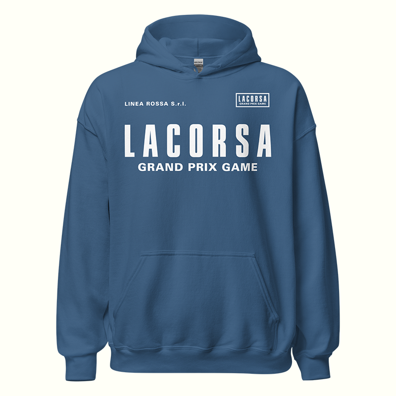 Pale Blue hoodie with 'Lacorsa Grand Prix Game' text on a white background