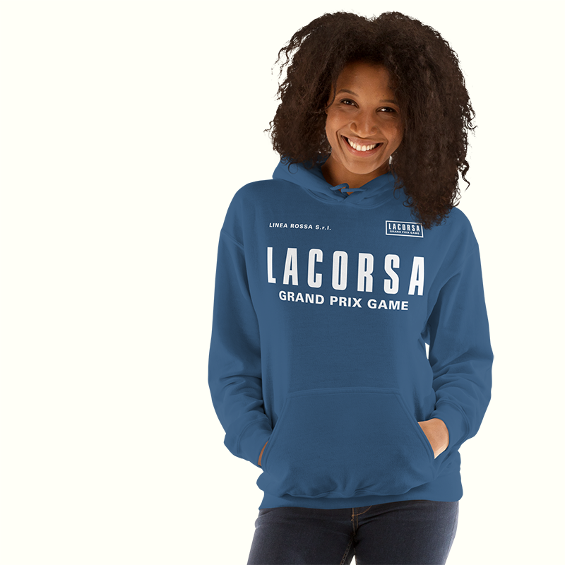 Woman wearing a blue hoodie with 'Lacorsa Grand Prix Game' text on a white background