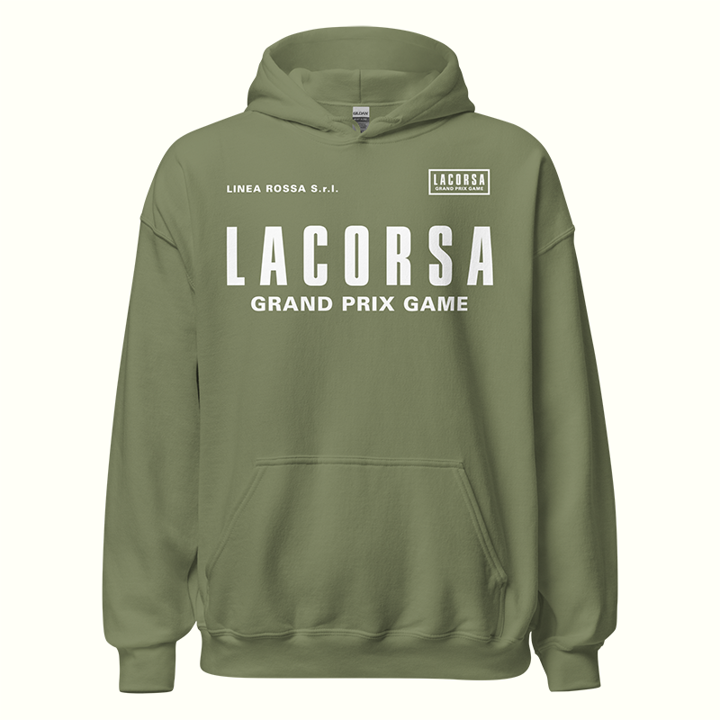 Green hoodie with 'Lacorsa Grand Prix Game' text on a white background