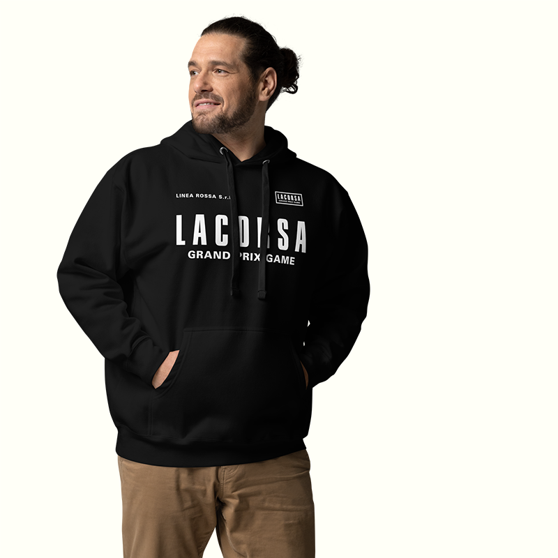 Man wearing a black hoodie with 'LACOSTA' branding on a white background