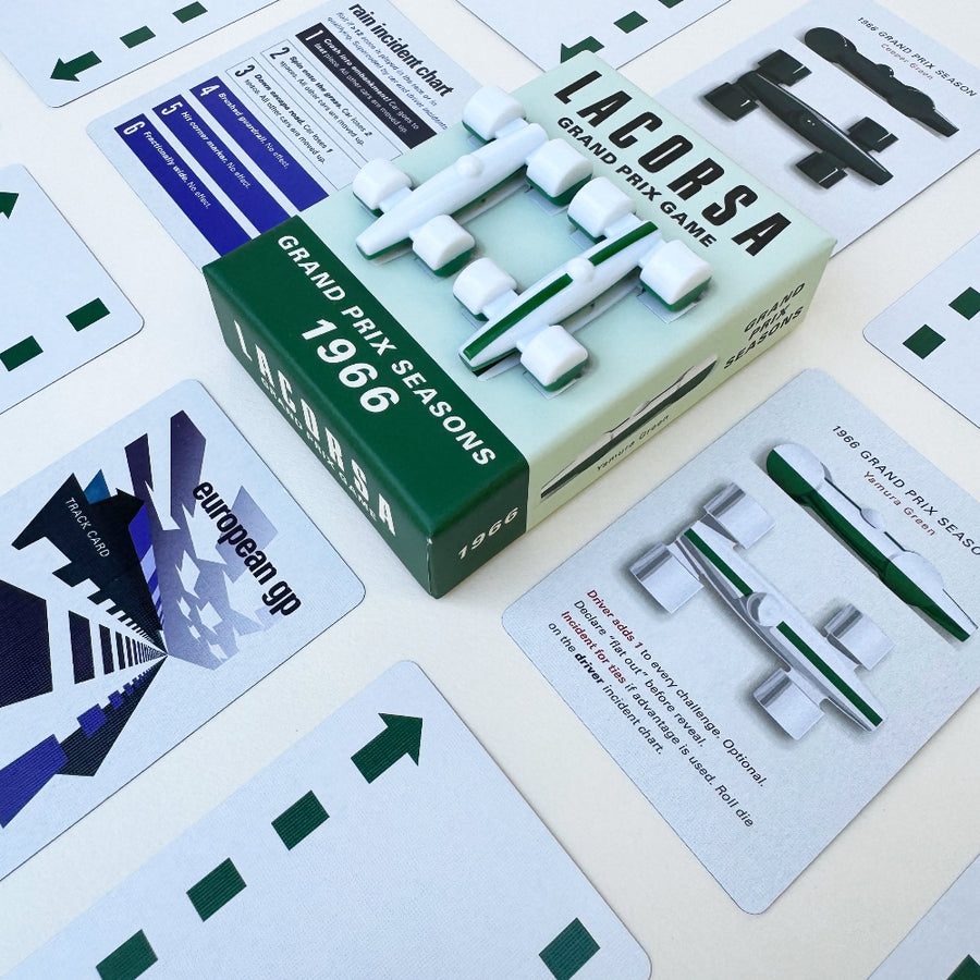 Lacorsa Grand Prix game box with race car pieces on top surrounded by cards on a light background