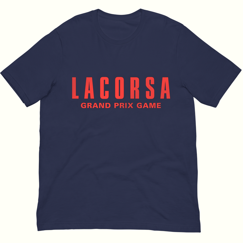 Navy blue t-shirt with red 'LACORSA GRAND PRIX GAME' text on a white background