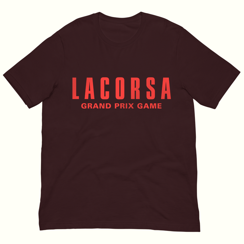 Oxblood Black t-shirt with red 'LACORSA GRAND PRIX GAME' text on a white background