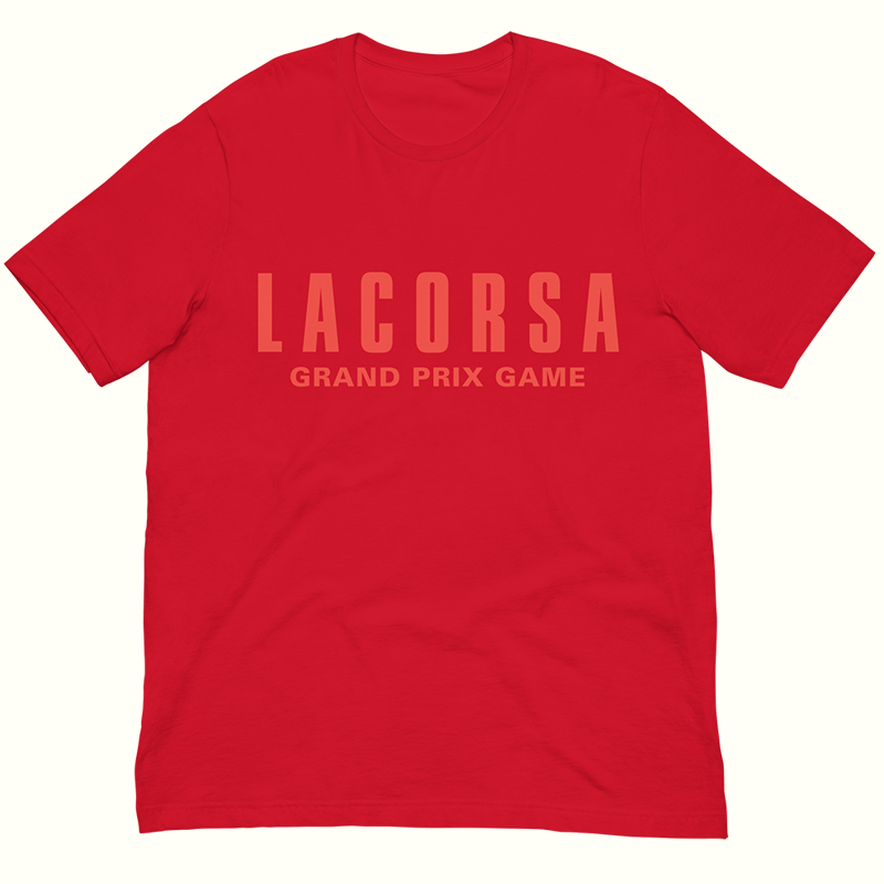 Red t-shirt with 'LACORSA GRAND PRIX GAME' text on a white background