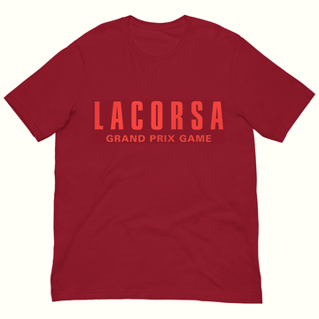 Red t-shirt with 'LACORSA GRAND PRIX GAME' text on a white background