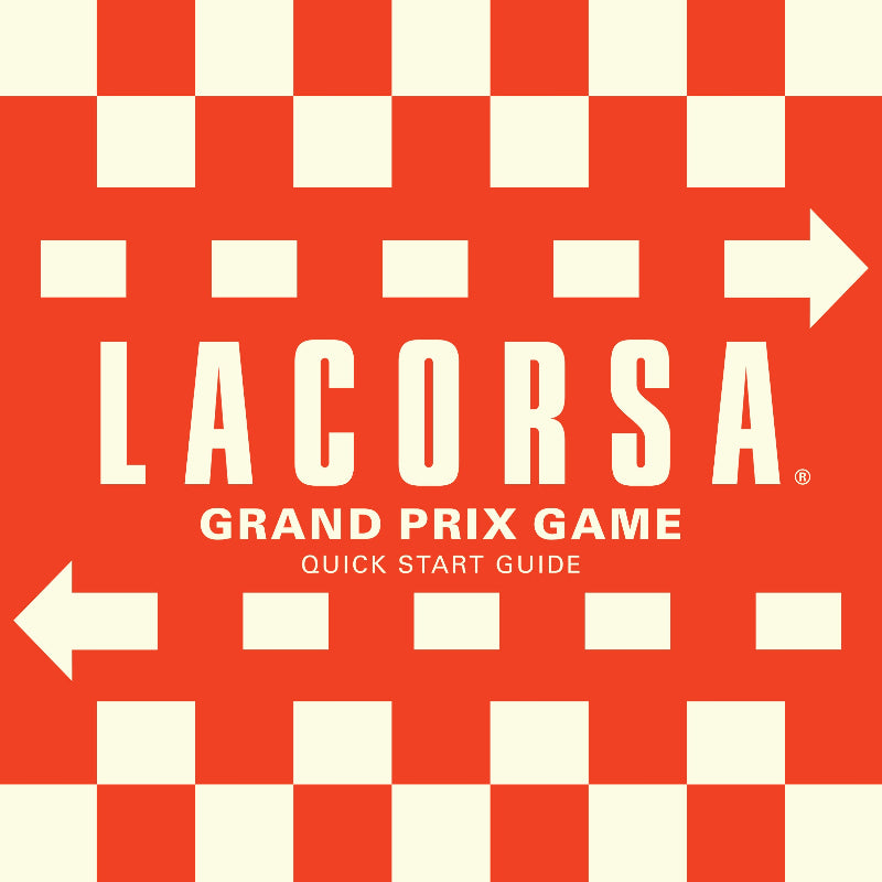 A board game rulebook cover for 'Lacorsa Grand Prix Game' with a red and white checkered pattern and the title text displayed prominently.