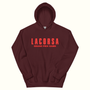 Maroon hoodie with red Lacorsa logotype on a white background